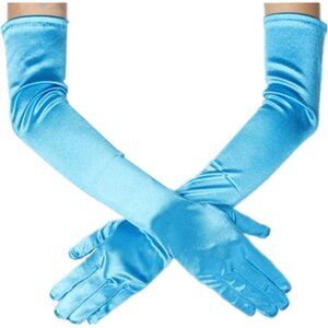 Women's Light Blue Evening Long Satin Finger Gloves Halloween Wedding Party Prom